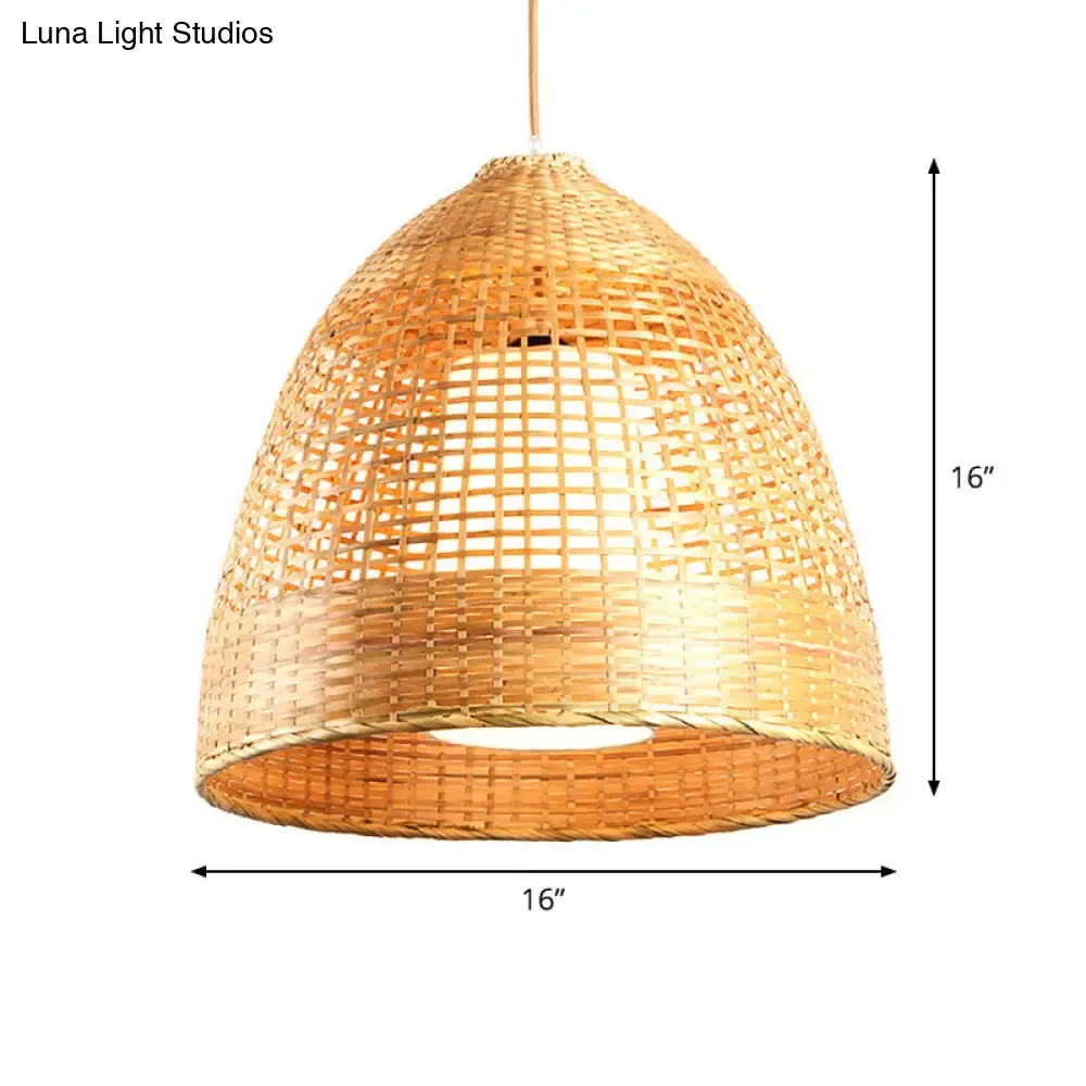 Chinese Bamboo Hand-Twisted Bell Ceiling Pendant Lamp - Single, Beige - 16"/19.5" Width - Living Room Hanging Light