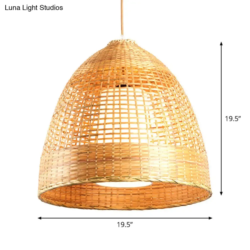 Chinese Bamboo Hand-Twisted Bell Ceiling Pendant Lamp - Single, Beige - 16"/19.5" Width - Living Room Hanging Light