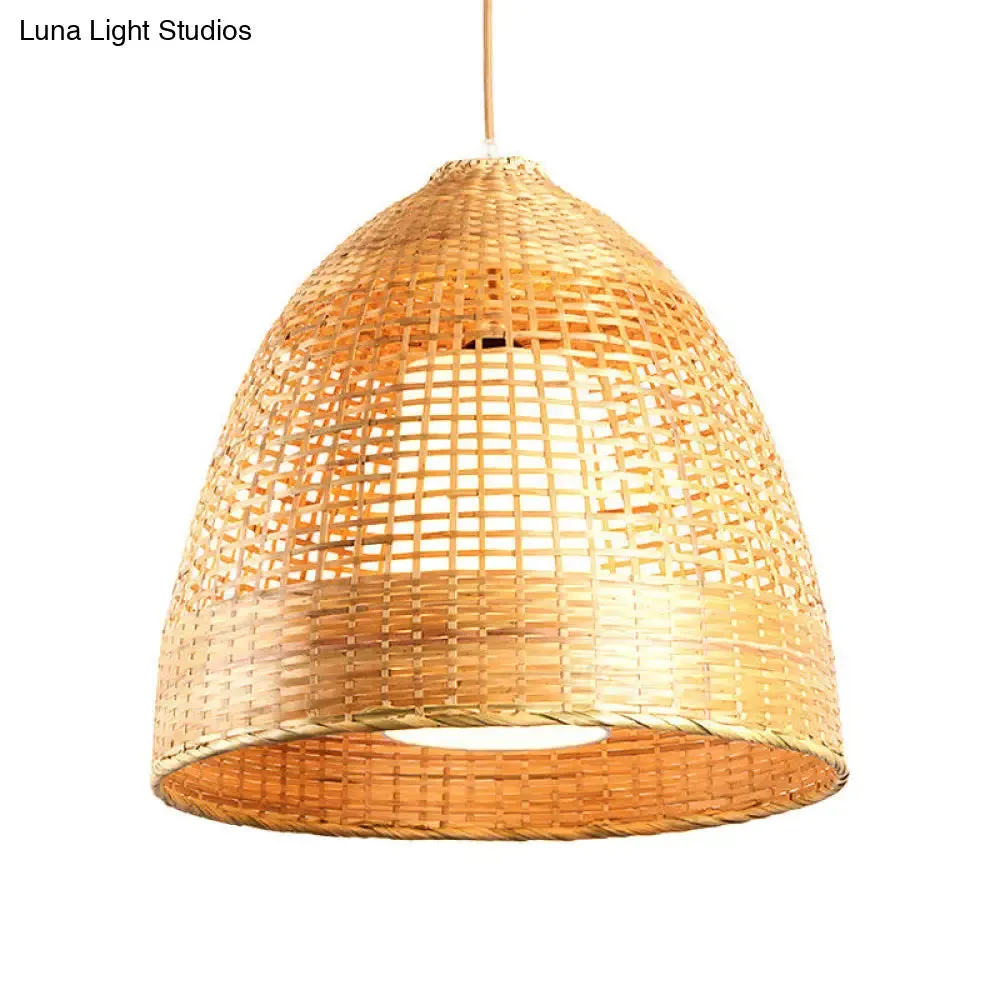 Chinese Bamboo Hand-Twisted Bell Ceiling Pendant Lamp - Single, Beige - 16"/19.5" Width - Living Room Hanging Light