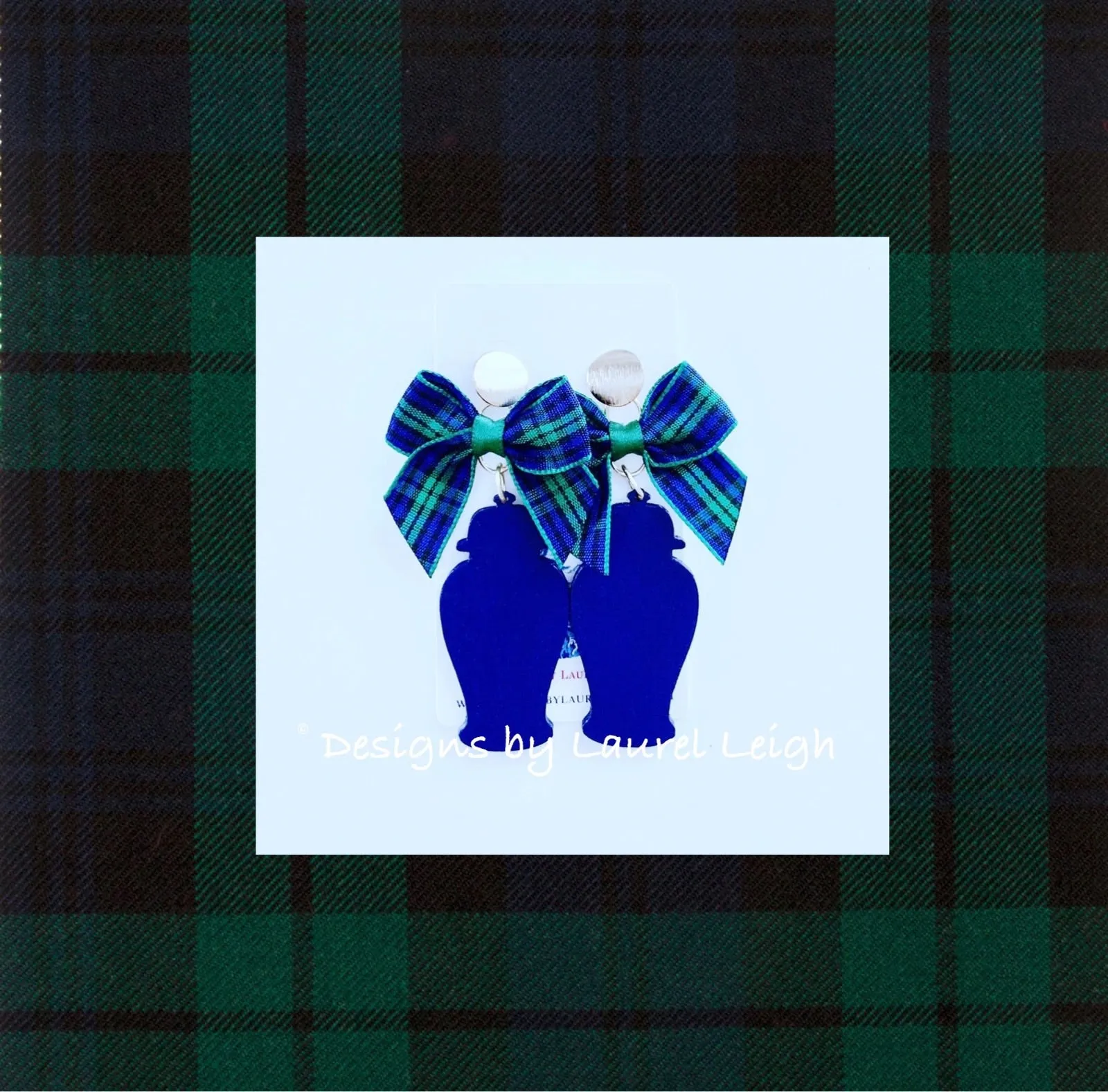 Chinoiserie Chic Ginger Jar Statement Earrings - Tartan Plaid Bows