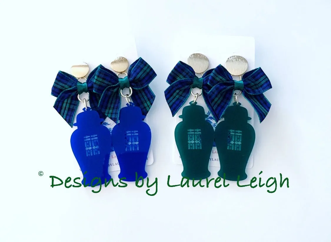 Chinoiserie Chic Ginger Jar Statement Earrings - Tartan Plaid Bows