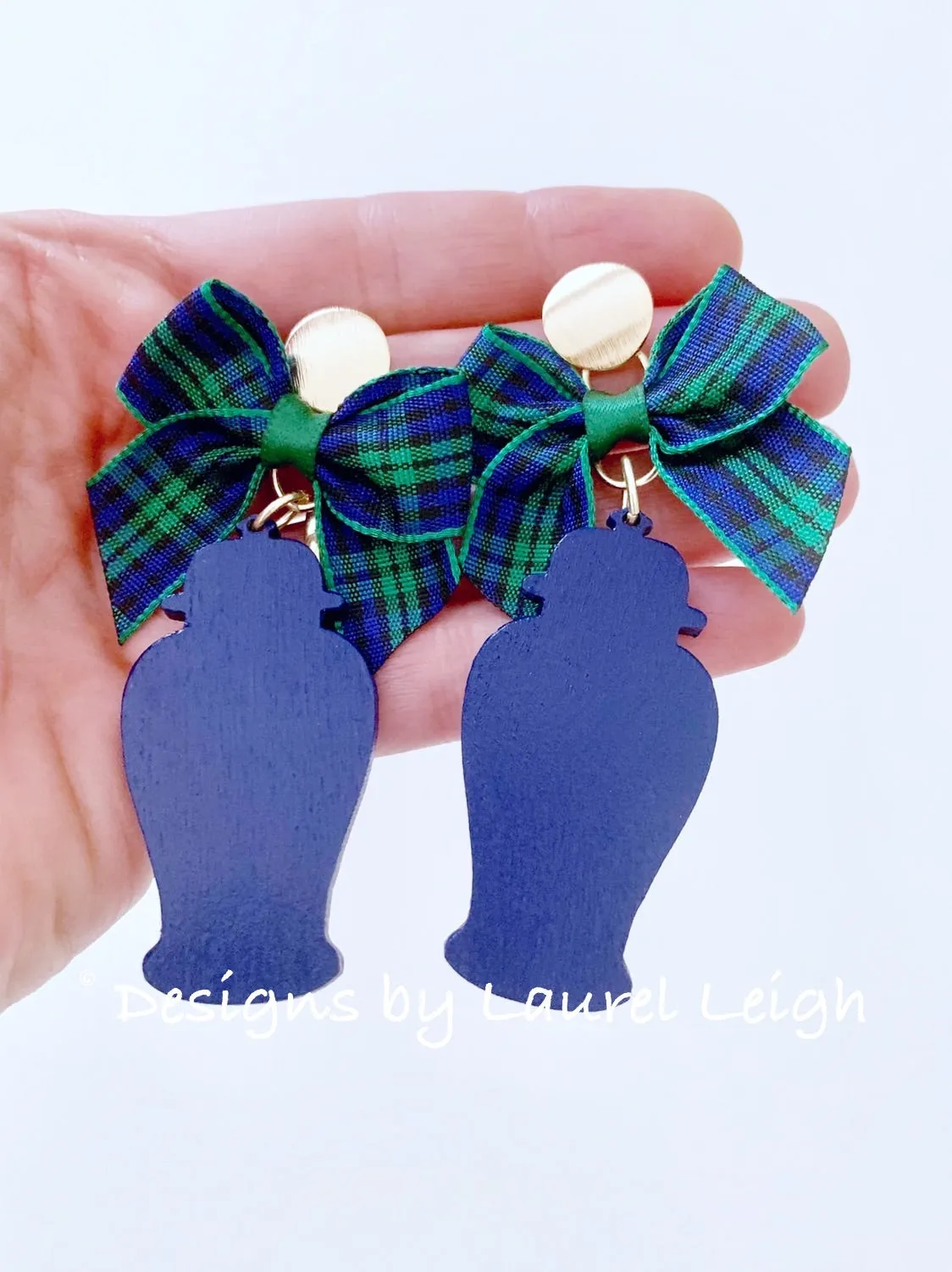 Chinoiserie Chic Ginger Jar Statement Earrings - Tartan Plaid Bows