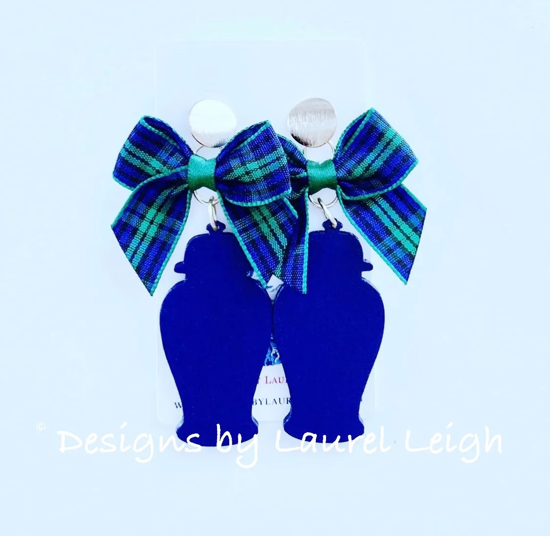 Chinoiserie Chic Ginger Jar Statement Earrings - Tartan Plaid Bows