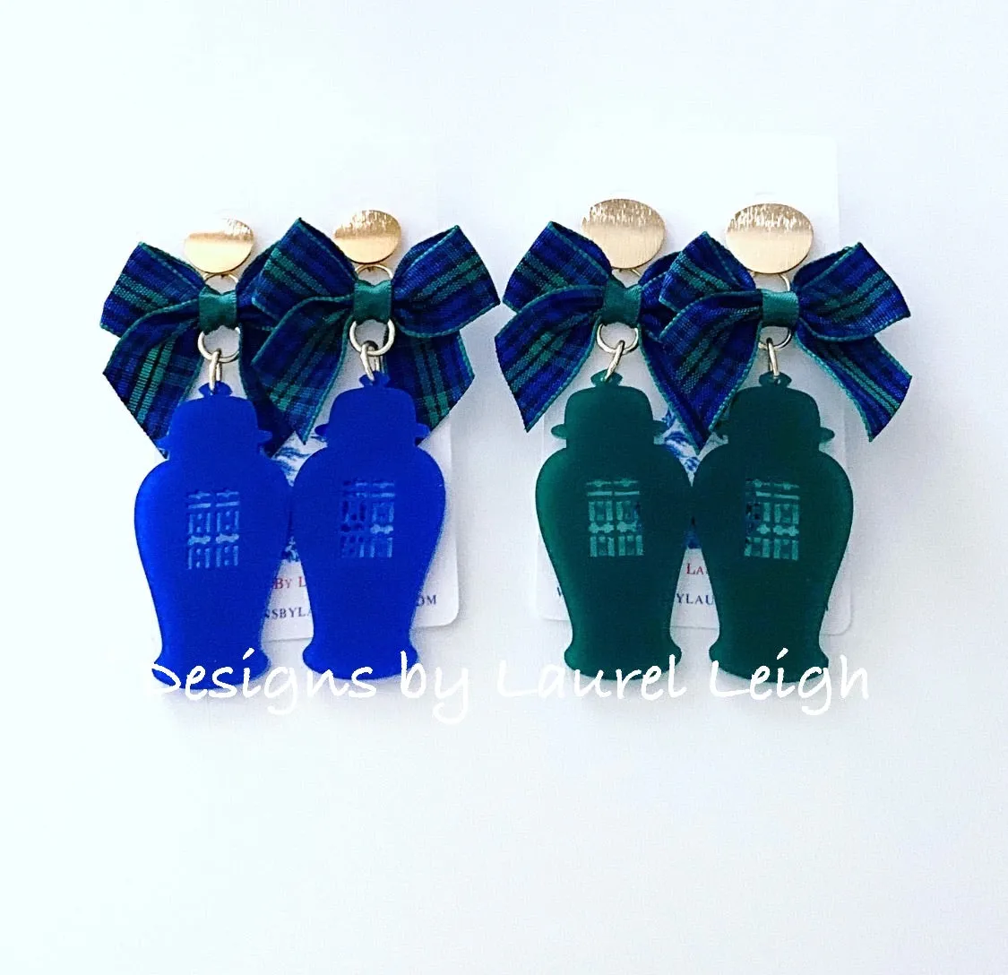 Chinoiserie Chic Ginger Jar Statement Earrings - Tartan Plaid Bows