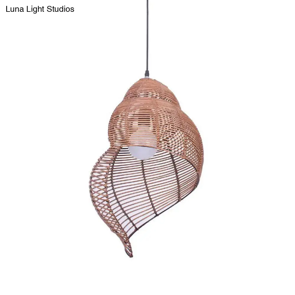 Coastal Single-Bulb Rattan Pendant Light Kit - Spiral Shell Shaped, Coffee/Beige - 10"/12"/14" Wide