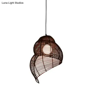 Coastal Single-Bulb Rattan Pendant Light Kit - Spiral Shell Shaped, Coffee/Beige - 10"/12"/14" Wide