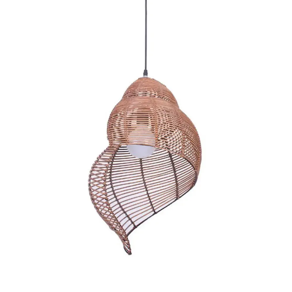 Coastal Single-Bulb Rattan Pendant Light Kit - Spiral Shell Shaped, Coffee/Beige - 10"/12"/14" Wide