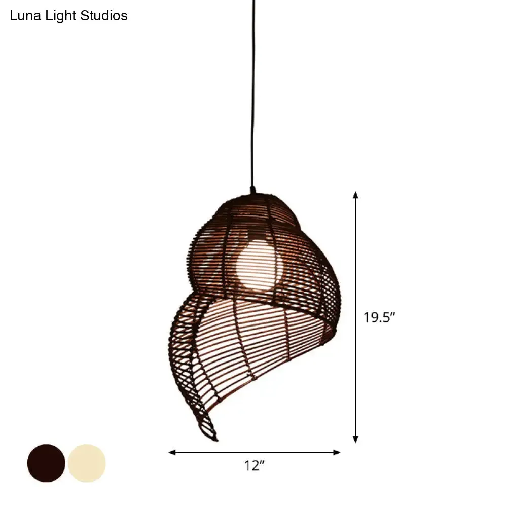 Coastal Single-Bulb Rattan Pendant Light Kit - Spiral Shell Shaped, Coffee/Beige - 10"/12"/14" Wide