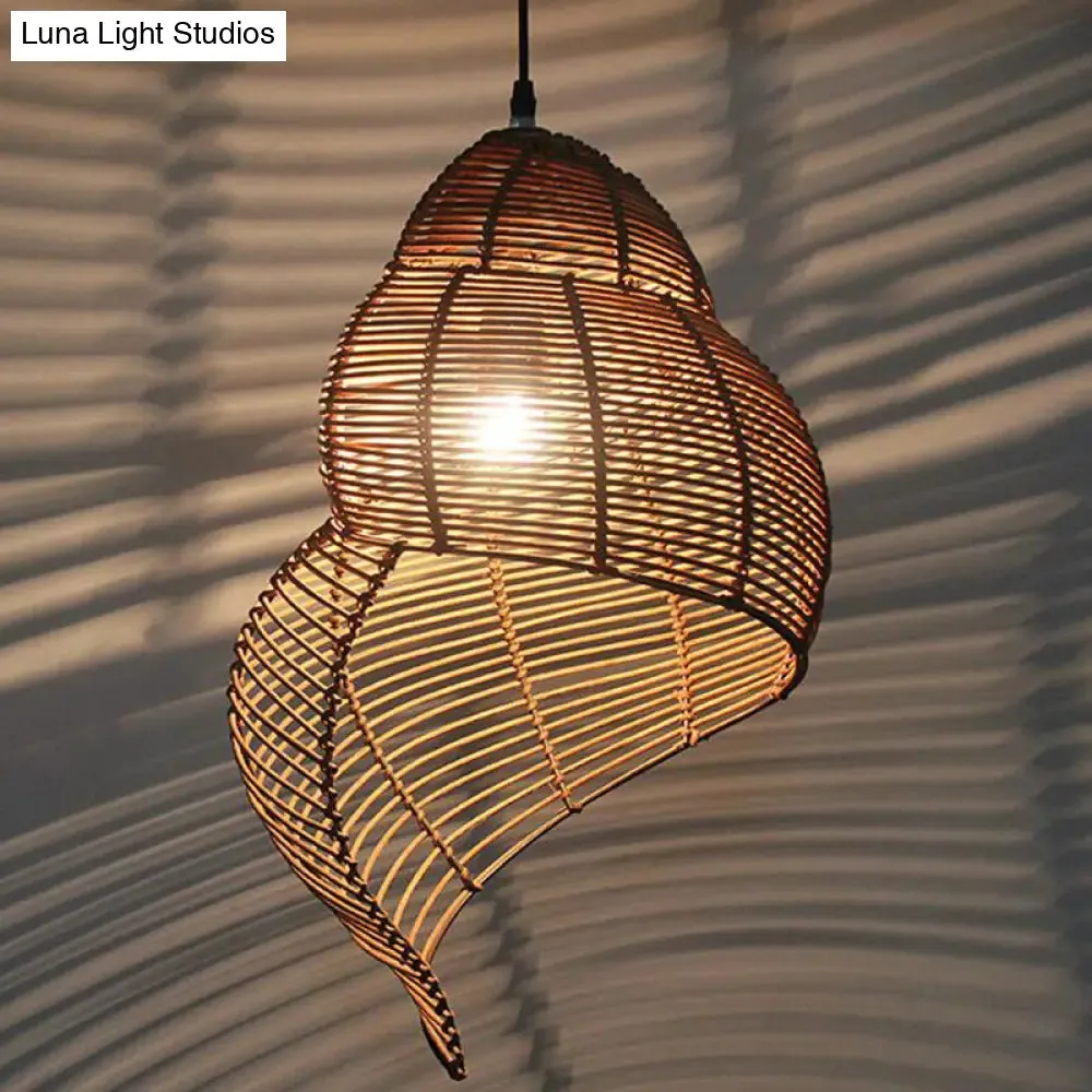 Coastal Single-Bulb Rattan Pendant Light Kit - Spiral Shell Shaped, Coffee/Beige - 10"/12"/14" Wide