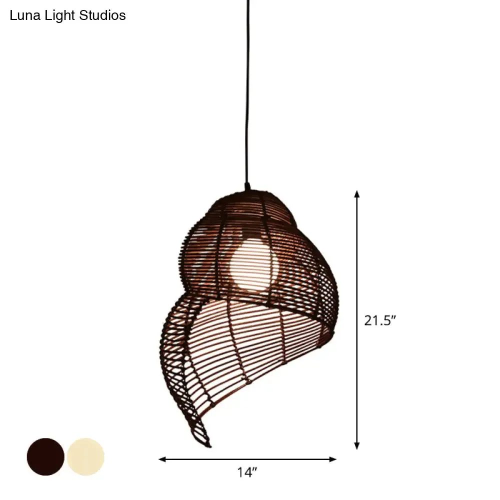 Coastal Single-Bulb Rattan Pendant Light Kit - Spiral Shell Shaped, Coffee/Beige - 10"/12"/14" Wide