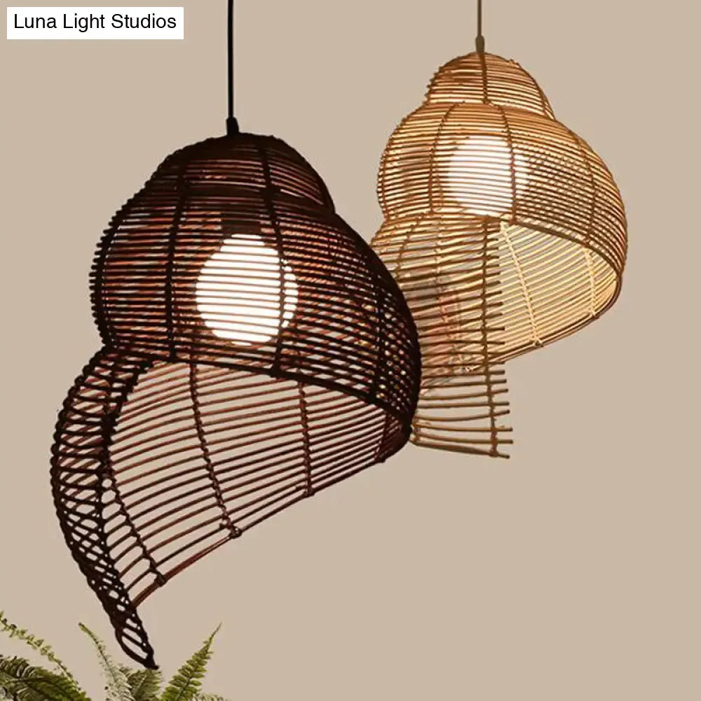 Coastal Single-Bulb Rattan Pendant Light Kit - Spiral Shell Shaped, Coffee/Beige - 10"/12"/14" Wide