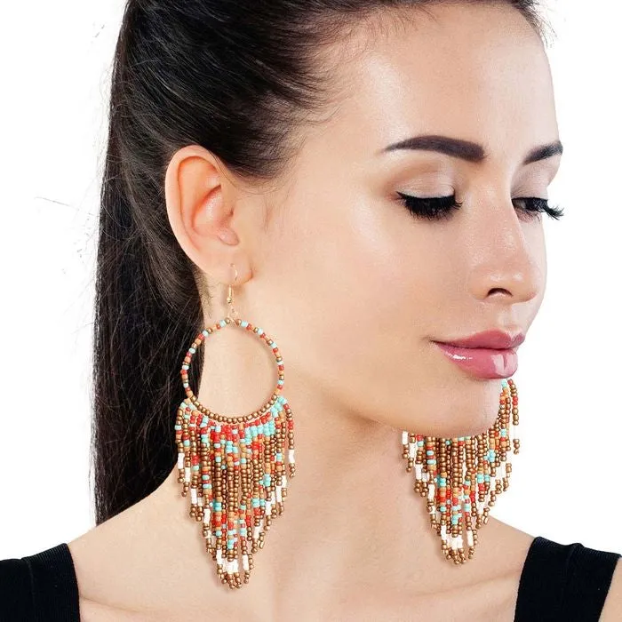 Colored and Gold Bead Fringe Circle Earrings