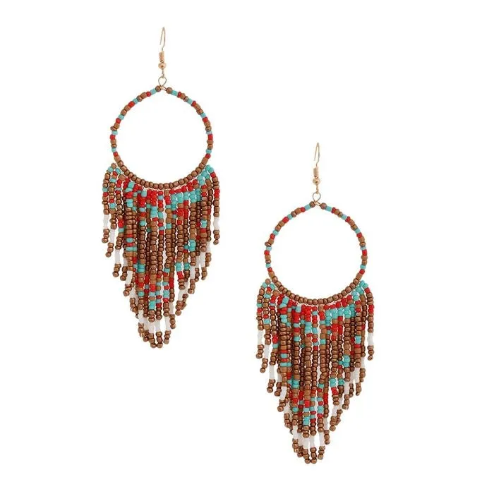 Colored and Gold Bead Fringe Circle Earrings