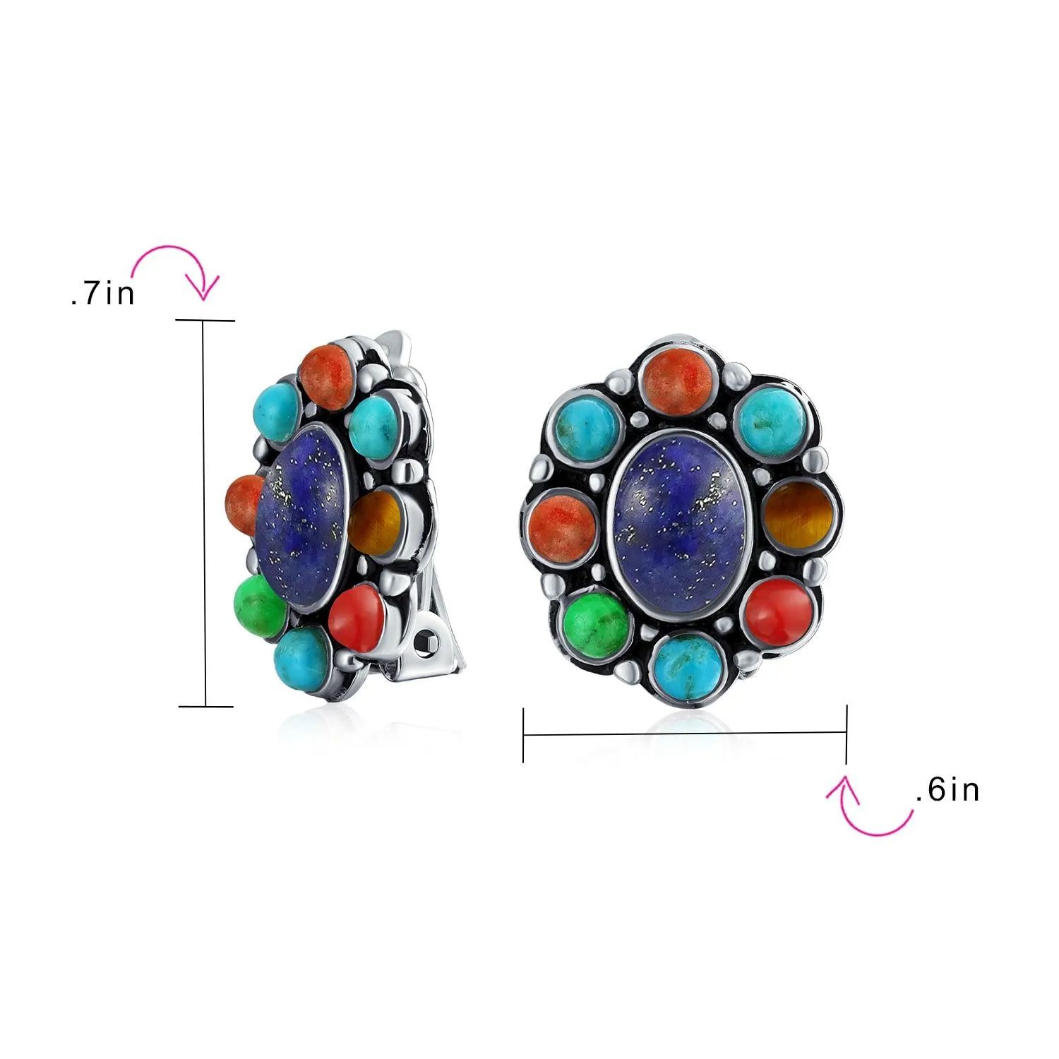 Concho Lapis Turquoise Oval Multi Gemstones Western Clip On Earrings