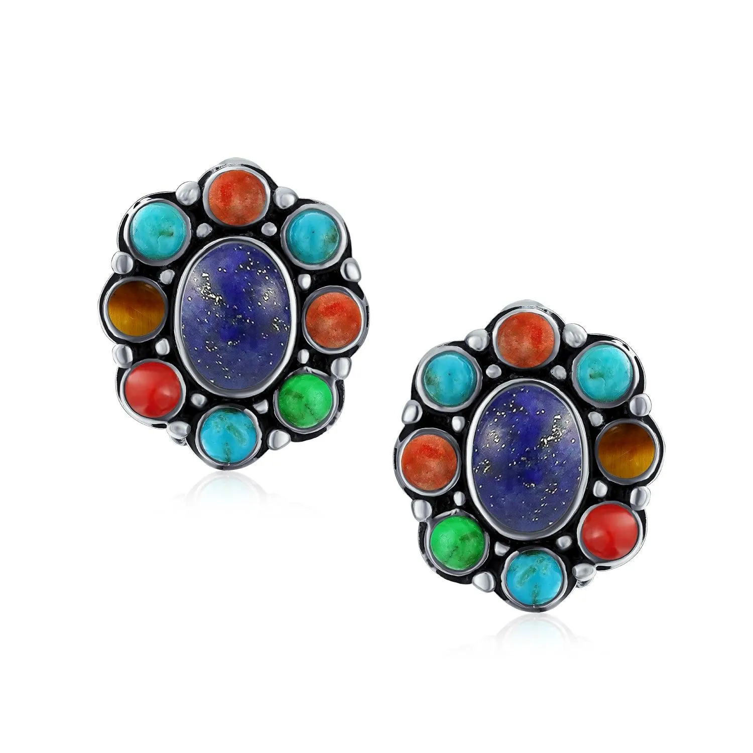 Concho Lapis Turquoise Oval Multi Gemstones Western Clip On Earrings