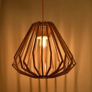 Contemporary Beige Pendant Hanging Light with Diamond Wood Cage - 1-Light Down Lighting for Living Room