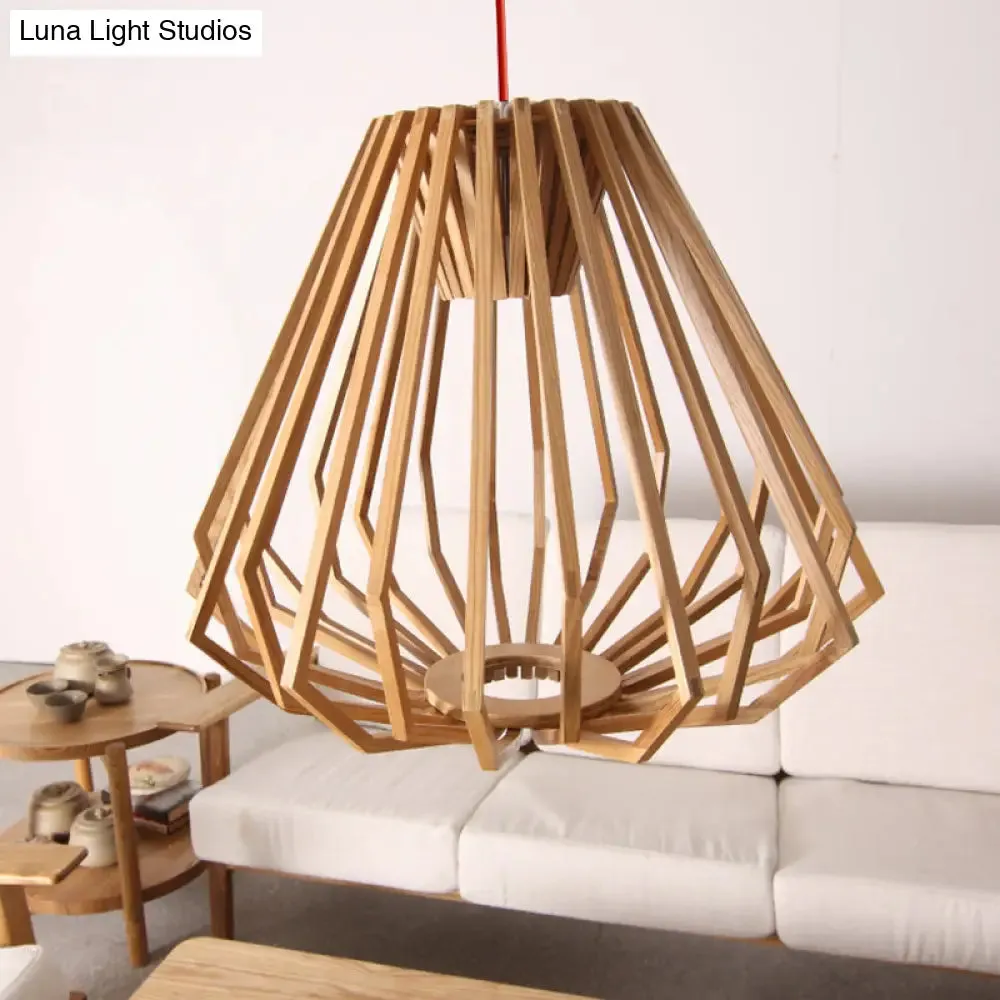 Contemporary Beige Pendant Hanging Light with Diamond Wood Cage - 1-Light Down Lighting for Living Room