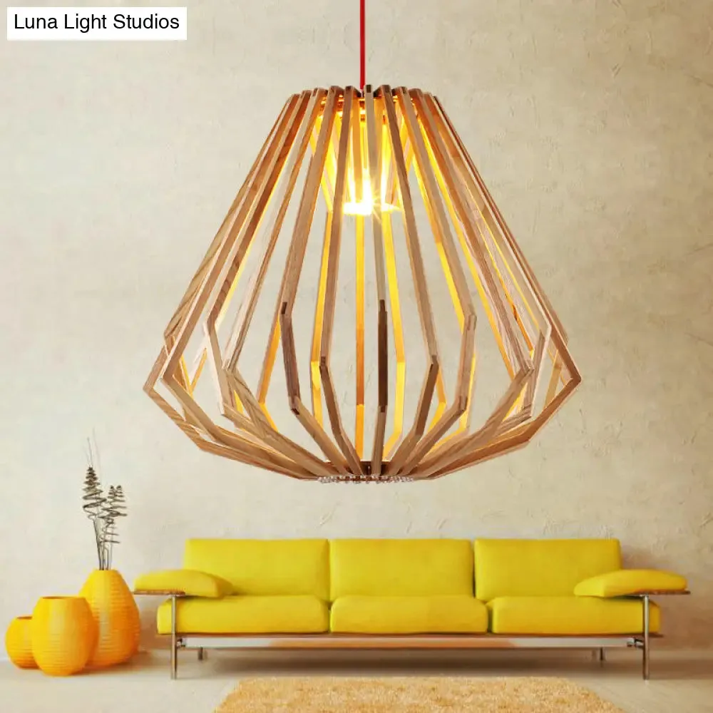 Contemporary Beige Pendant Hanging Light with Diamond Wood Cage - 1-Light Down Lighting for Living Room