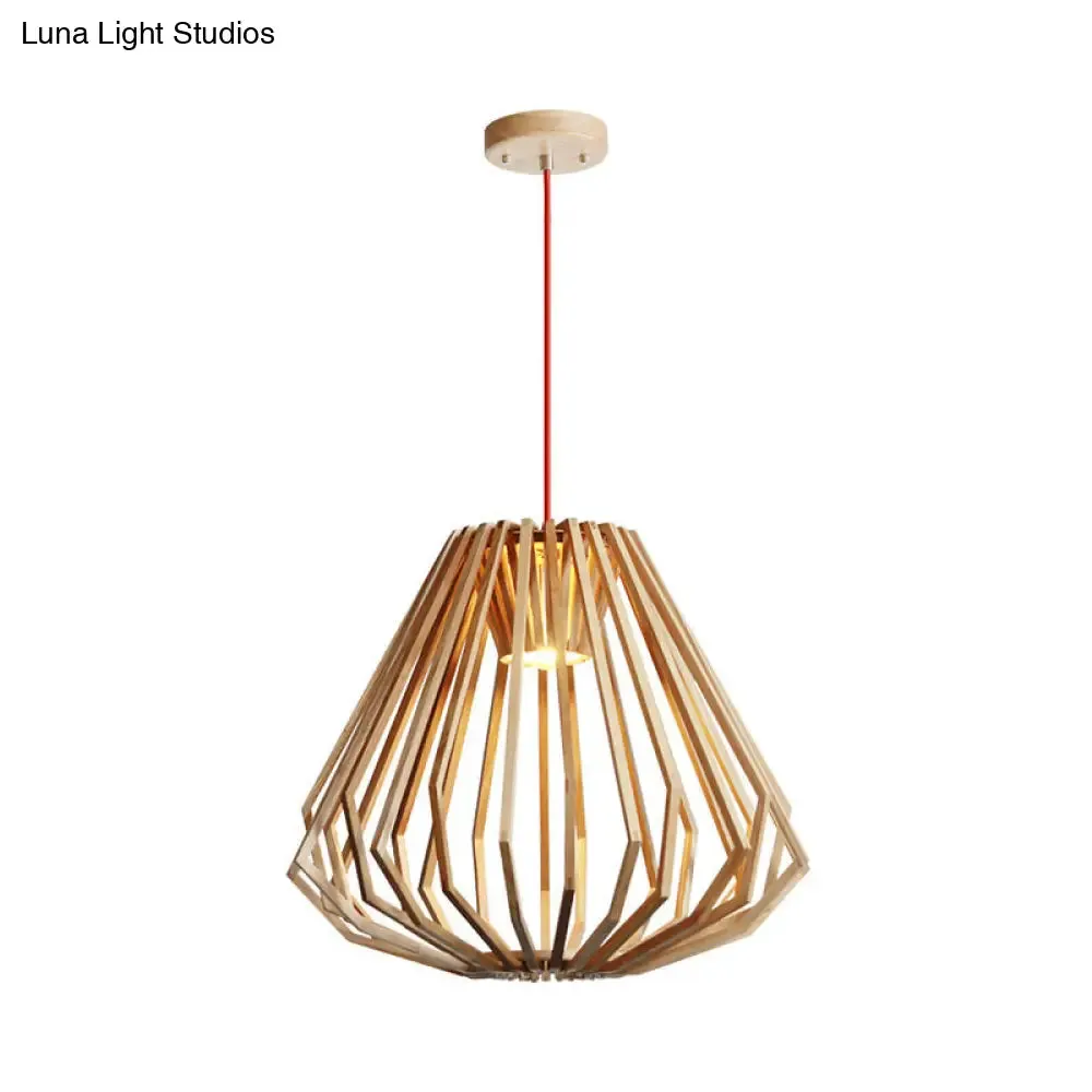 Contemporary Beige Pendant Hanging Light with Diamond Wood Cage - 1-Light Down Lighting for Living Room