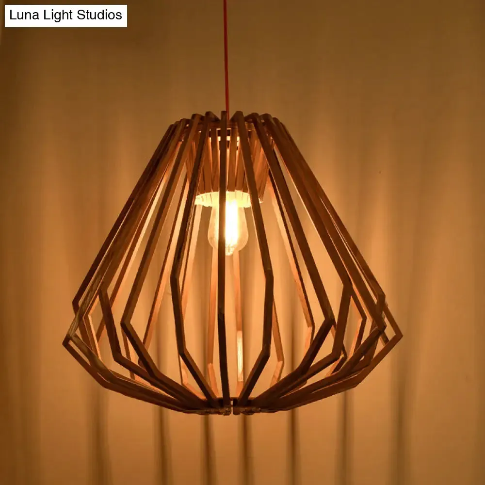 Contemporary Beige Pendant Hanging Light with Diamond Wood Cage - 1-Light Down Lighting for Living Room