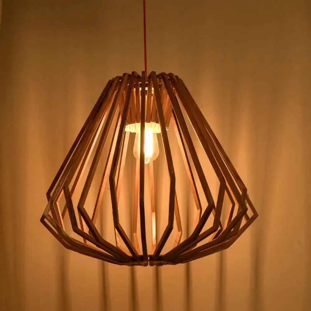 Contemporary Beige Pendant Hanging Light with Diamond Wood Cage - 1-Light Down Lighting for Living Room