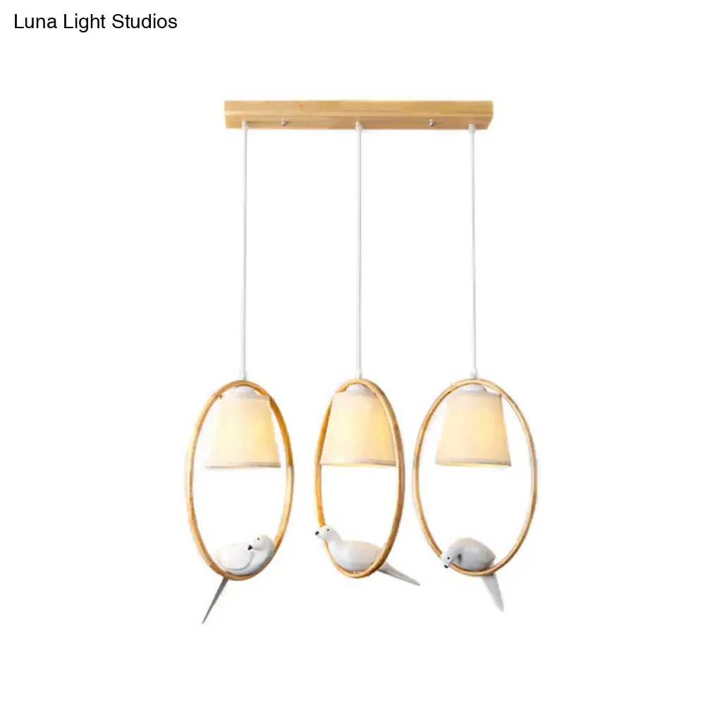 Contemporary Cone Fabric Pendant Lamp with Wood Ring and Resin Bird - 1/3 Lights, White Fixture