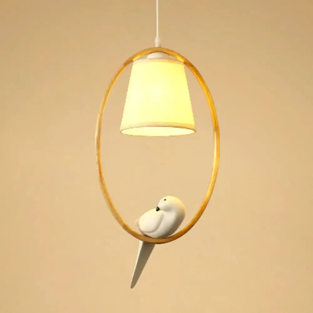 Contemporary Cone Fabric Pendant Lamp with Wood Ring and Resin Bird - 1/3 Lights, White Fixture