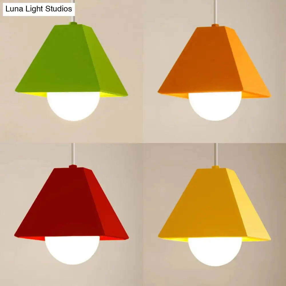 Contemporary Metallic Bedroom Pendant Light with Orange/Green Pyramid Shade & 1 Bulb