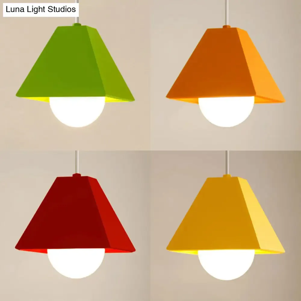 Contemporary Metallic Bedroom Pendant Light with Orange/Green Pyramid Shade & 1 Bulb