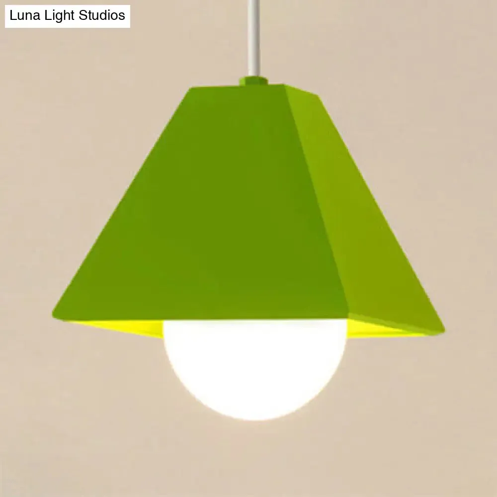 Contemporary Metallic Bedroom Pendant Light with Orange/Green Pyramid Shade & 1 Bulb