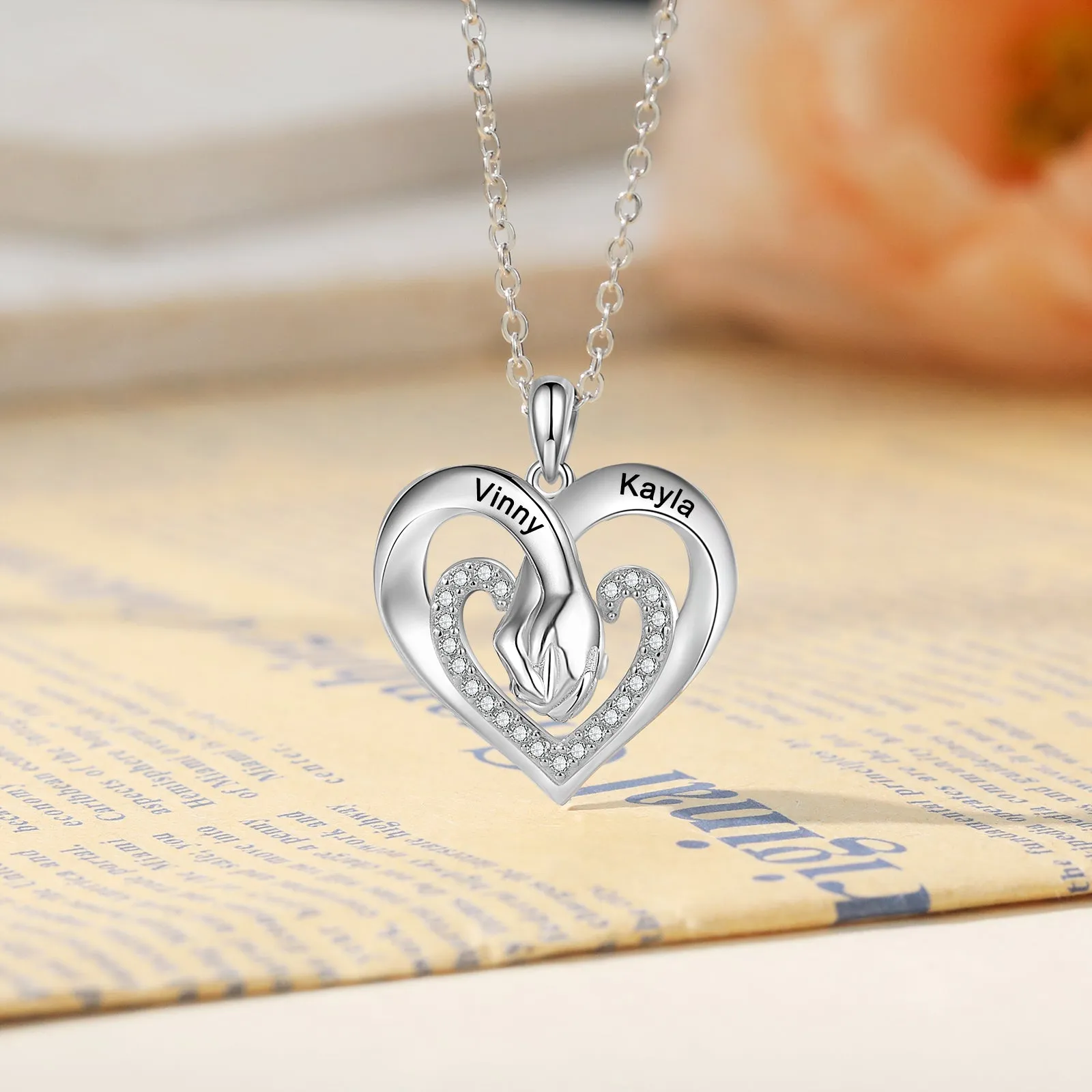 Custom Name Heart Necklace with Handing Hand