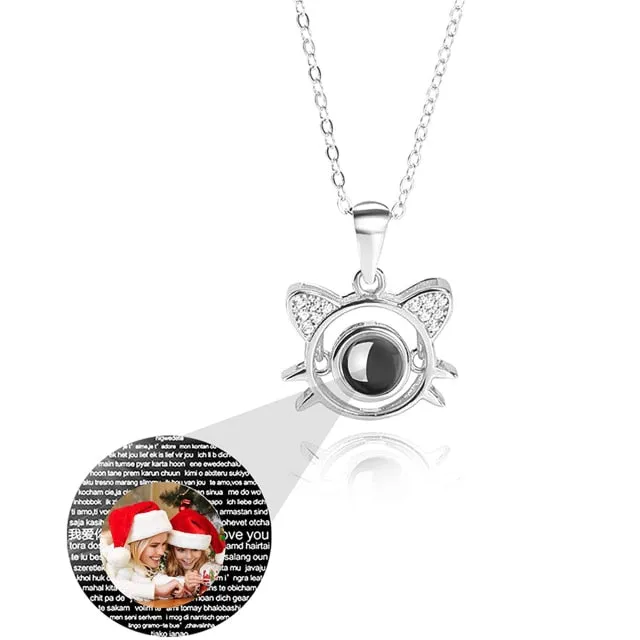 Cute Cat Shaped Projection Pendant Personalized Custom Photo Name Necklace