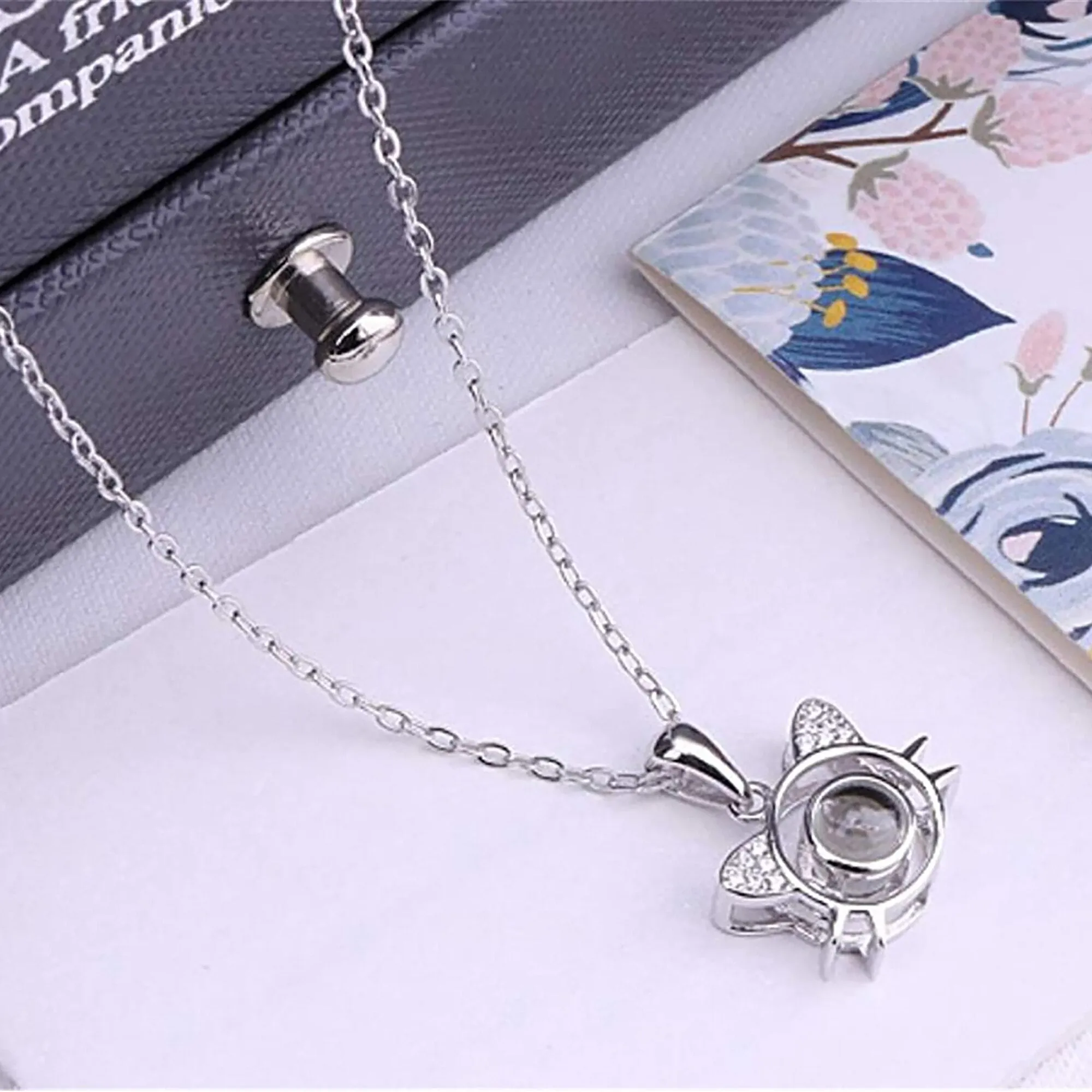 Cute Cat Shaped Projection Pendant Personalized Custom Photo Name Necklace