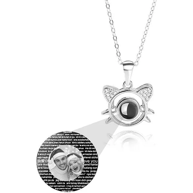 Cute Cat Shaped Projection Pendant Personalized Custom Photo Name Necklace