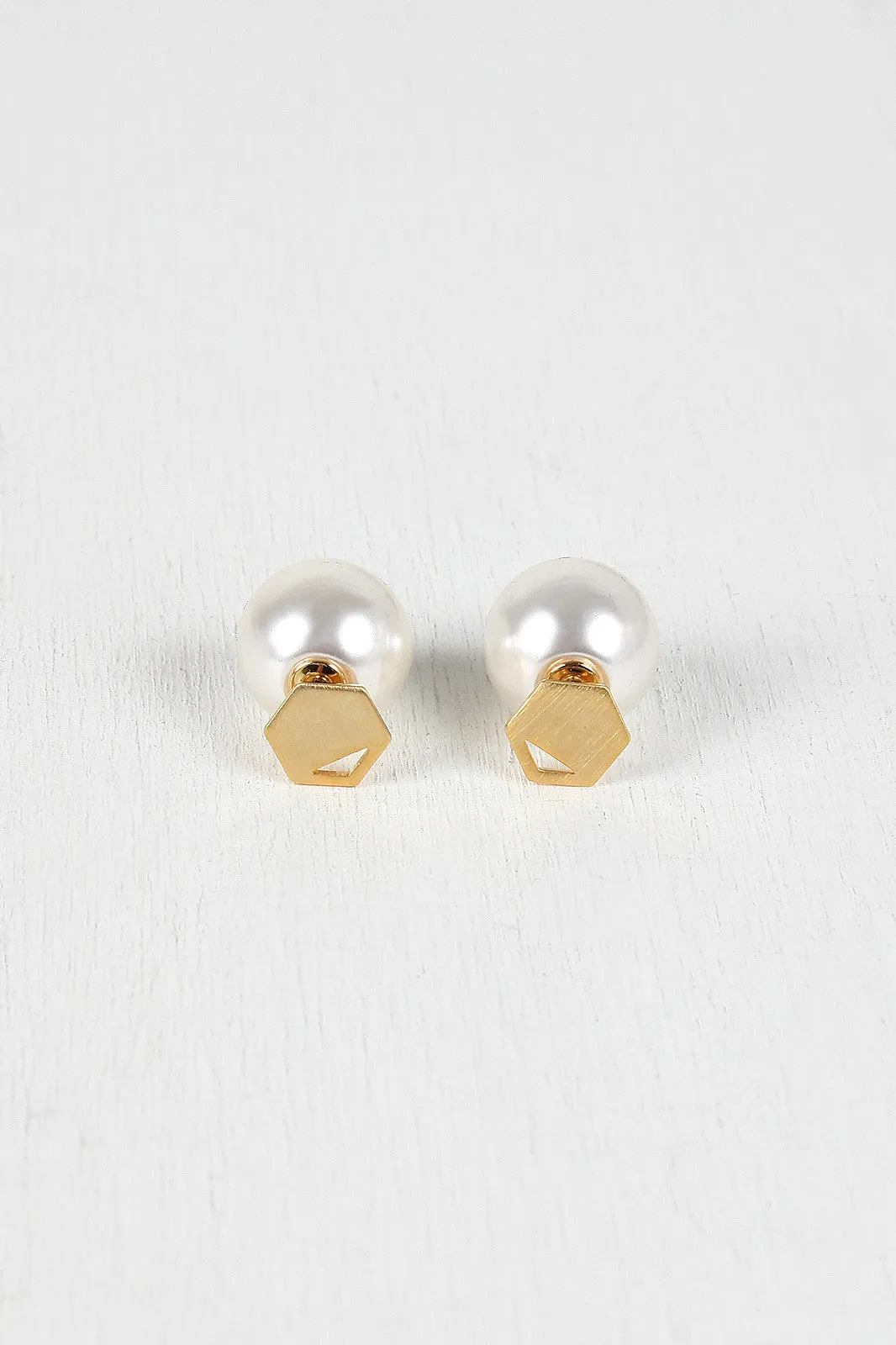 Cutout Hexagon And Pearl Double Sided Earrings