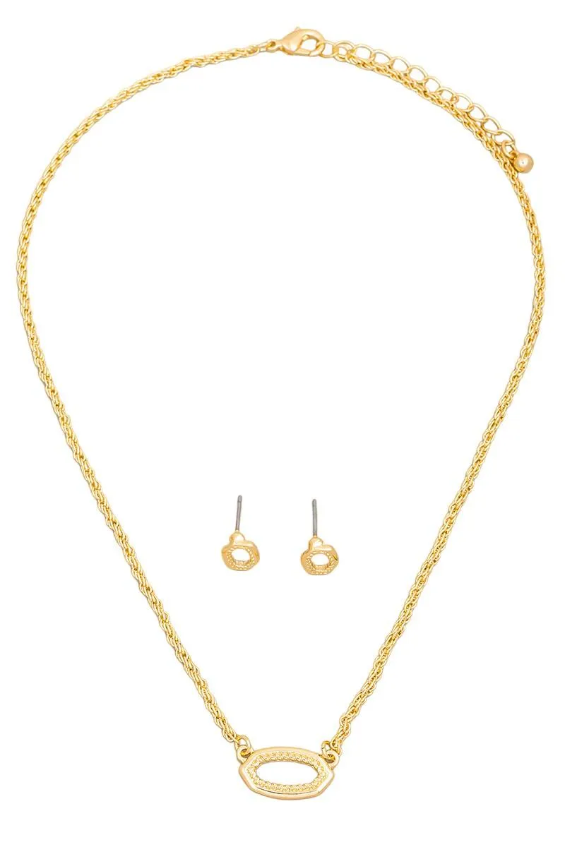 Dainty Rope Chain Oval Charm Necklace Pentagon Earring Set