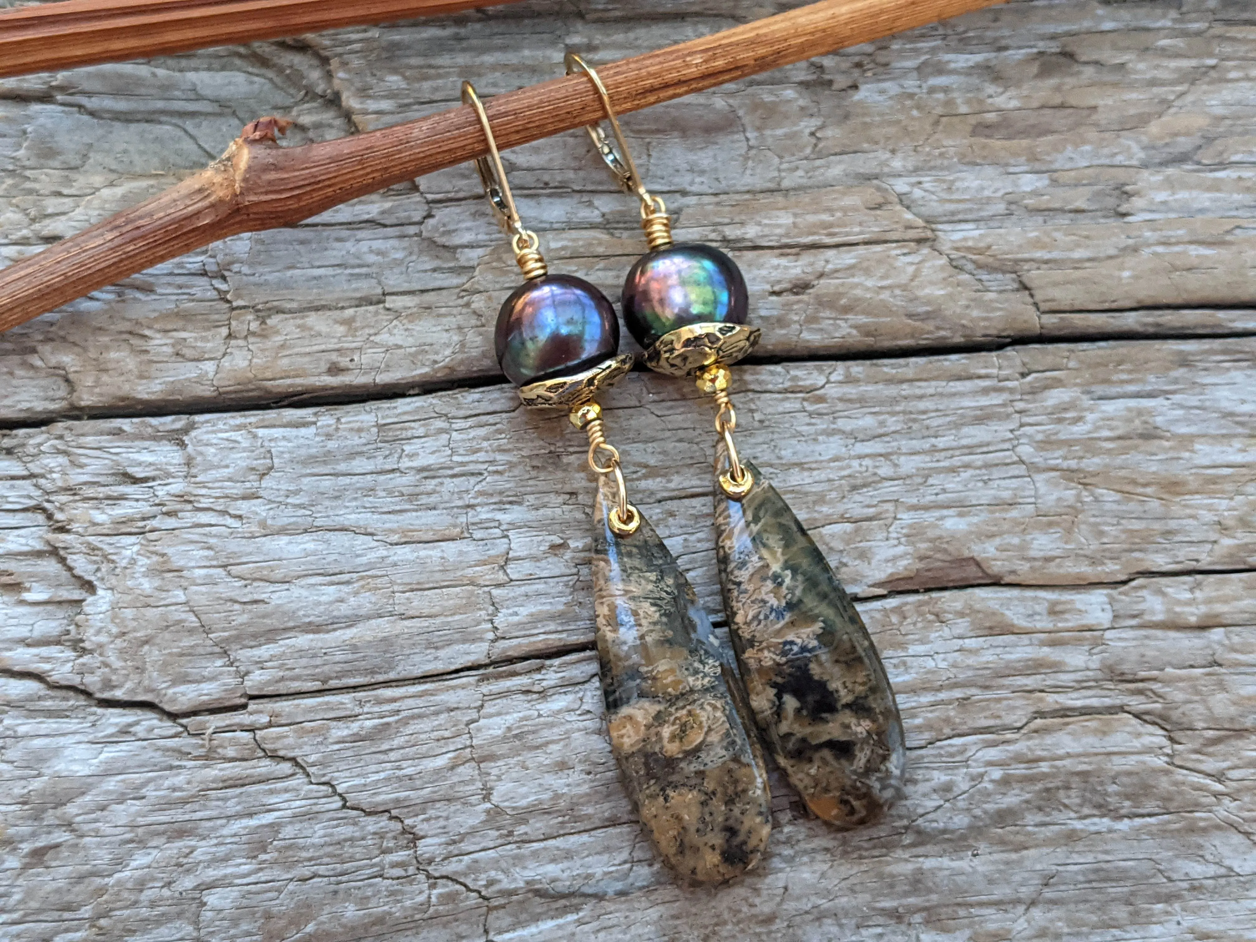 Dendritic Agate & Black Pearl Earrings