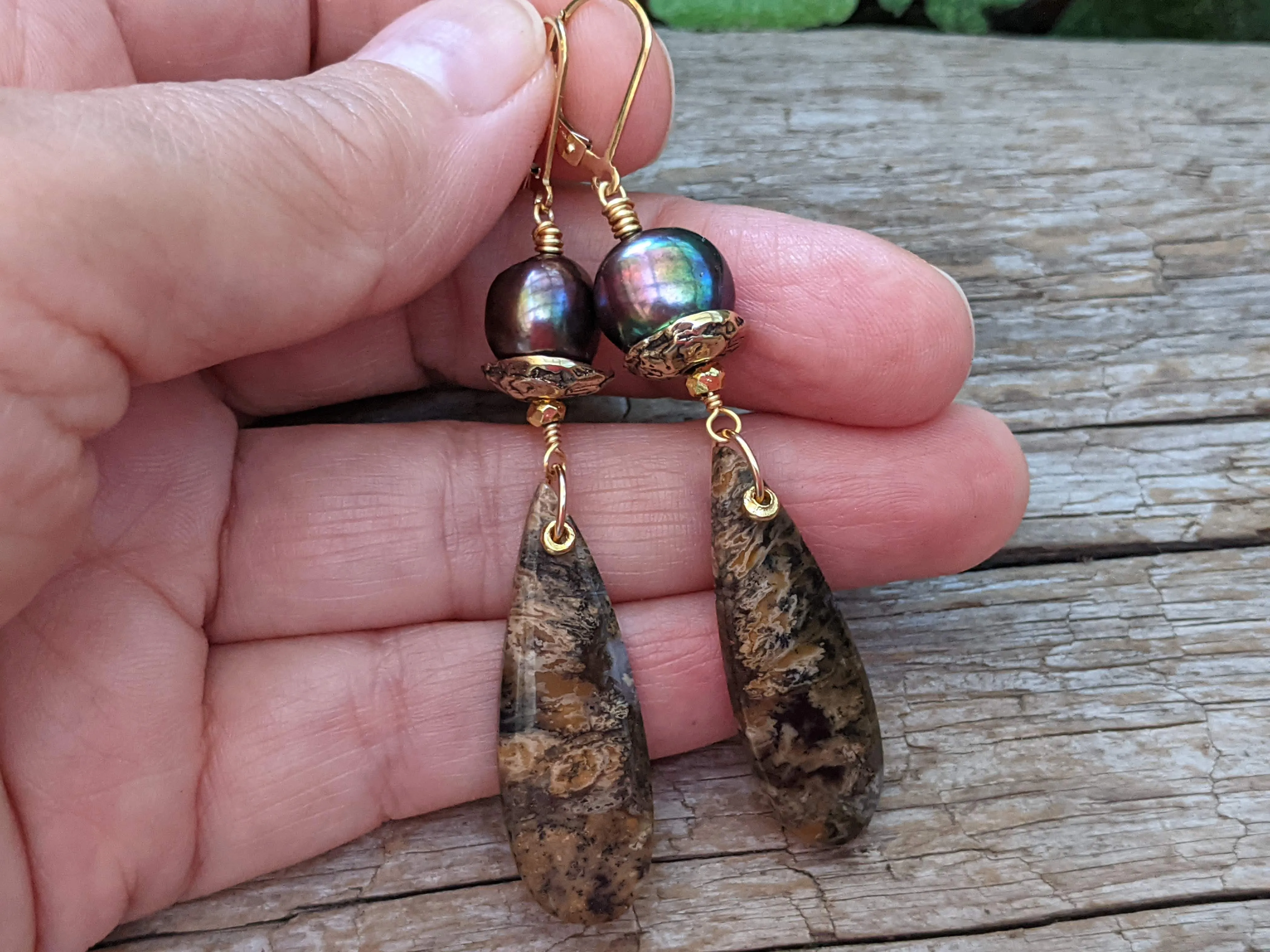 Dendritic Agate & Black Pearl Earrings