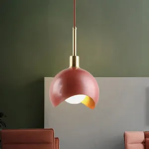 Designer Red Quarter Sphere Pendant Lamp with Waveform Edge and Metal Suspension Light