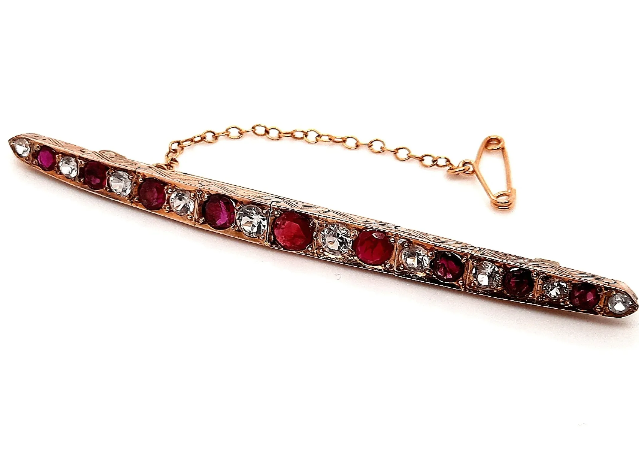 Diamond & Ruby Hand Engraved Yellow Gold Bar Vintage Brooch