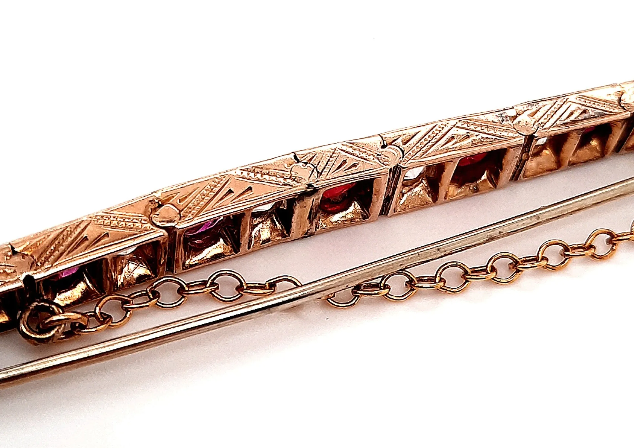 Diamond & Ruby Hand Engraved Yellow Gold Bar Vintage Brooch