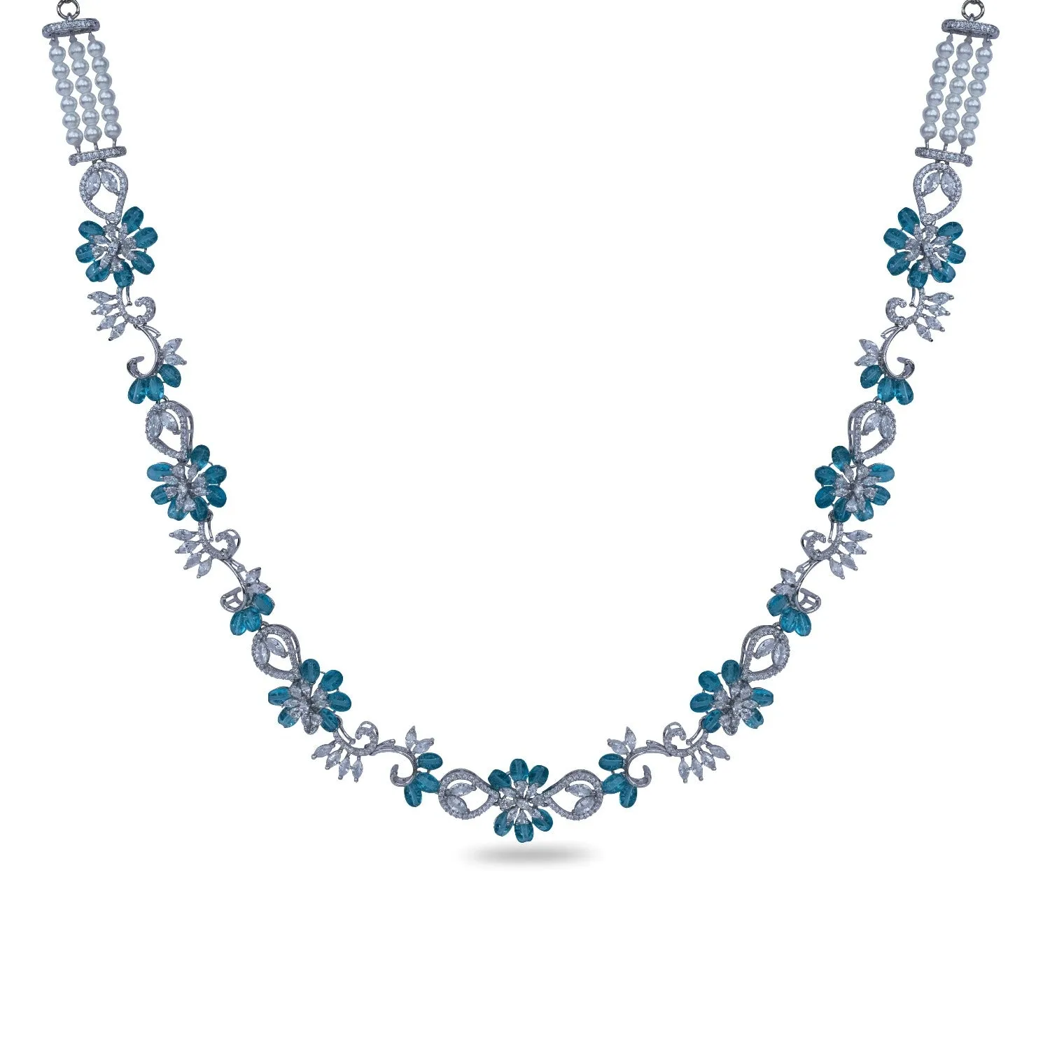 Floral Petal CZ Aqua Beads Necklace