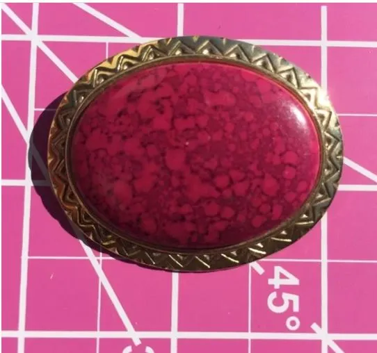 FREE with $29 Purchase. Big Chunky Oval Red Gemstone with Gold Trim Brooch Pin Vintage Style