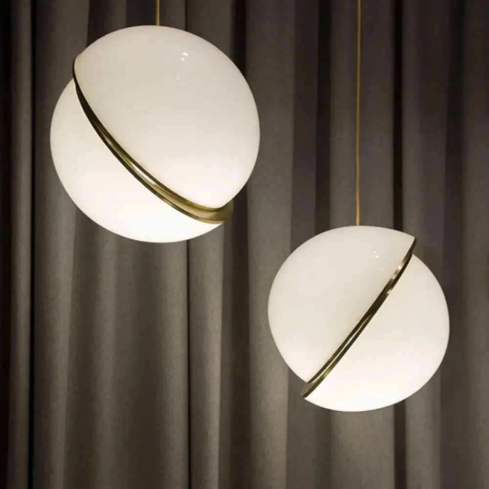 Frosted White Glass Sliced Sphere Hanging Lamp in Brass - Available in 3 Sizes