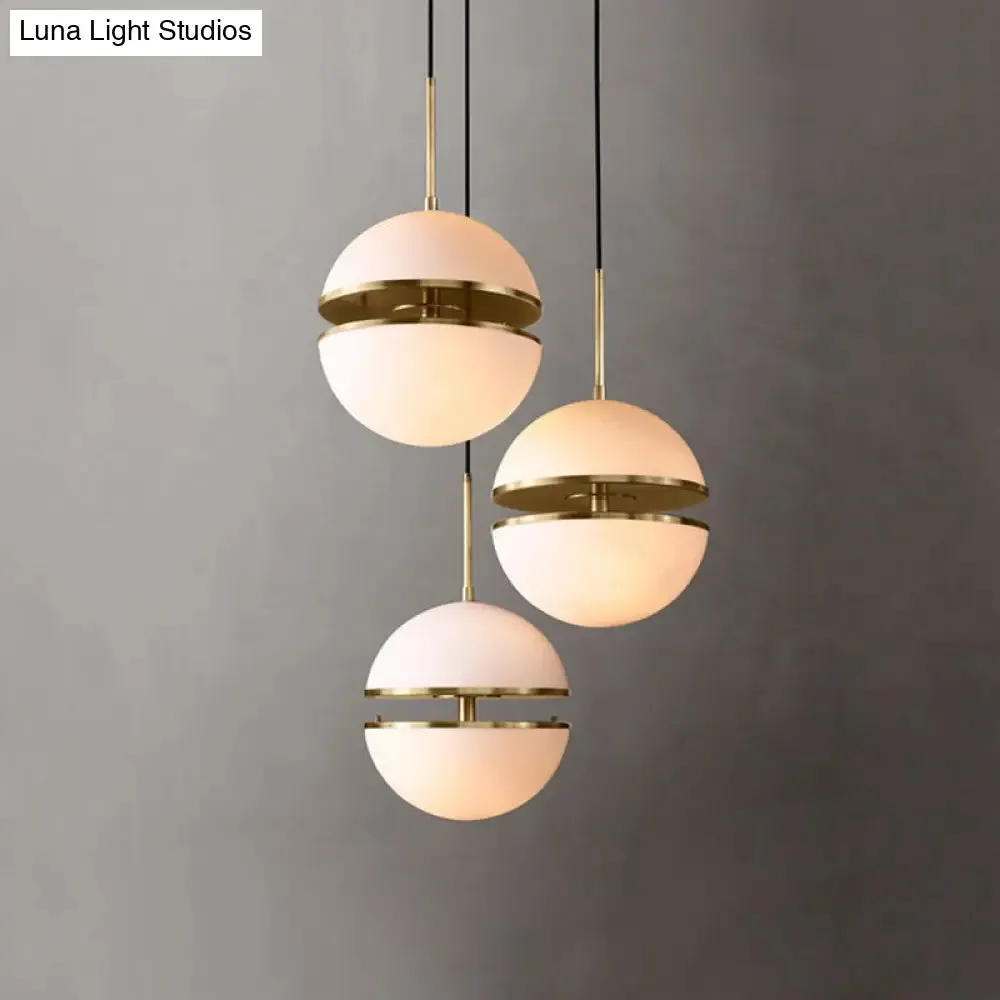 Frosted White Glass Sliced Sphere Hanging Lamp in Brass - Available in 3 Sizes