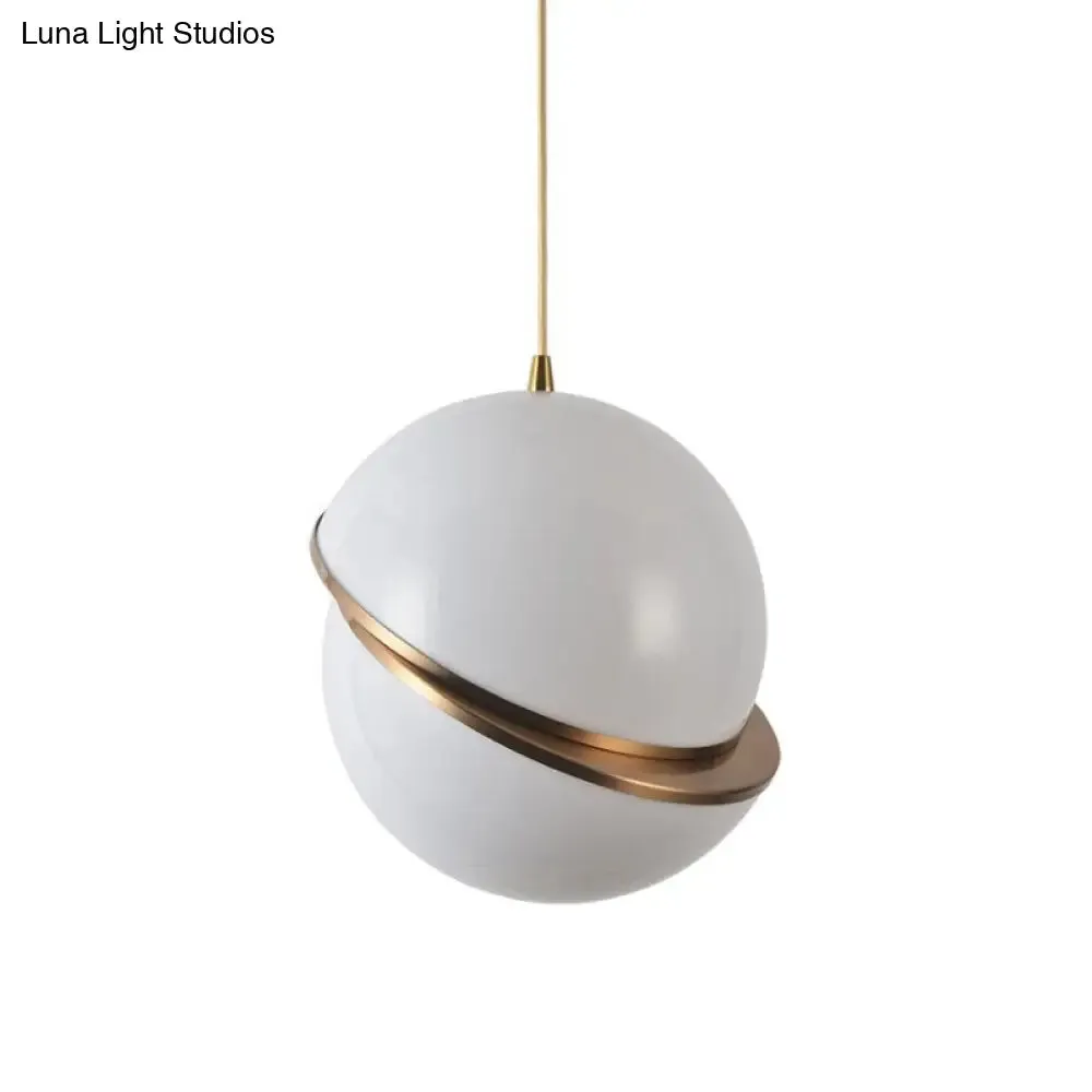 Frosted White Glass Sliced Sphere Hanging Lamp in Brass - Available in 3 Sizes