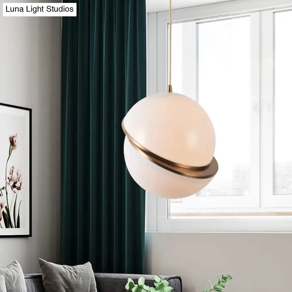 Frosted White Glass Sliced Sphere Hanging Lamp in Brass - Available in 3 Sizes