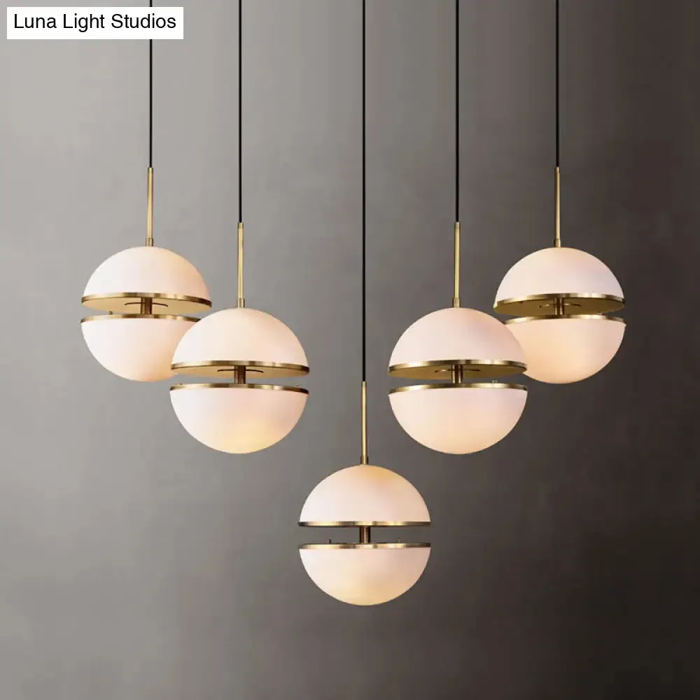 Frosted White Glass Sliced Sphere Hanging Lamp in Brass - Available in 3 Sizes