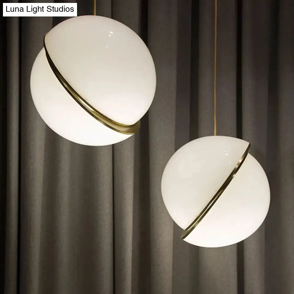 Frosted White Glass Sliced Sphere Hanging Lamp in Brass - Available in 3 Sizes