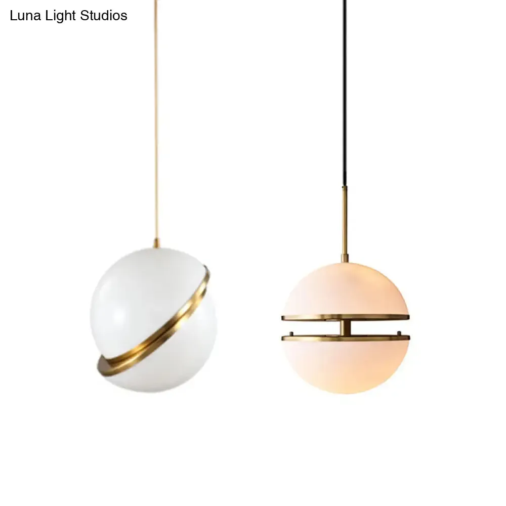 Frosted White Glass Sliced Sphere Hanging Lamp in Brass - Available in 3 Sizes